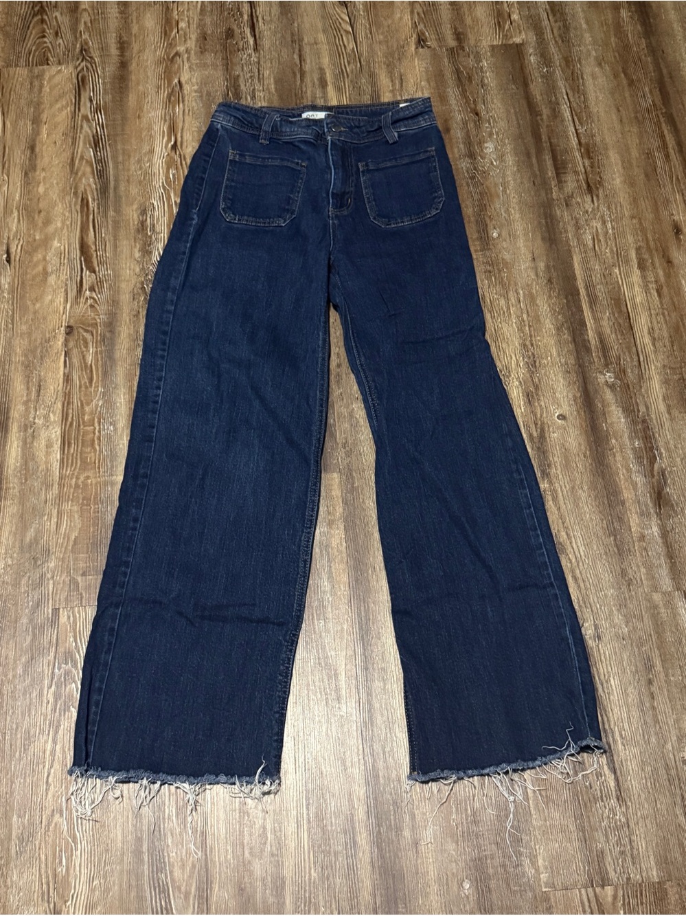 Oat New York Wide Leg Patch Pocket Jeans Women's 4/27 Dark Wash High Rise Frayed
